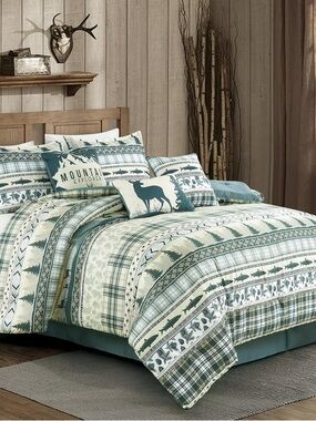 Mountain Lodge Teal and Cream king 3 piece Bedding Set